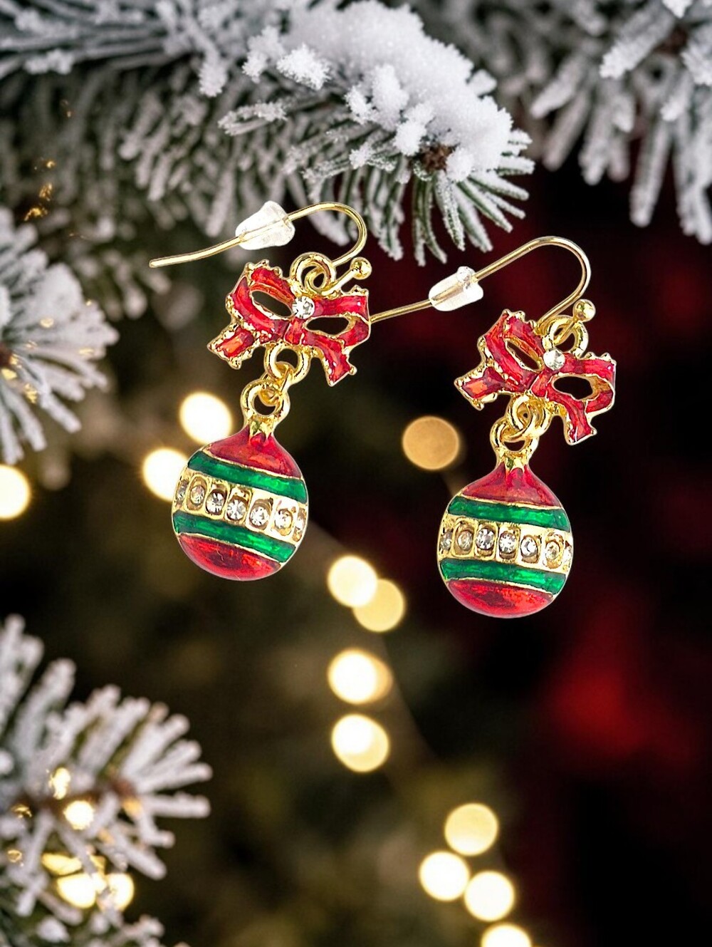 Festive Red & Green Christmas Ornament Earrings with Gift Box